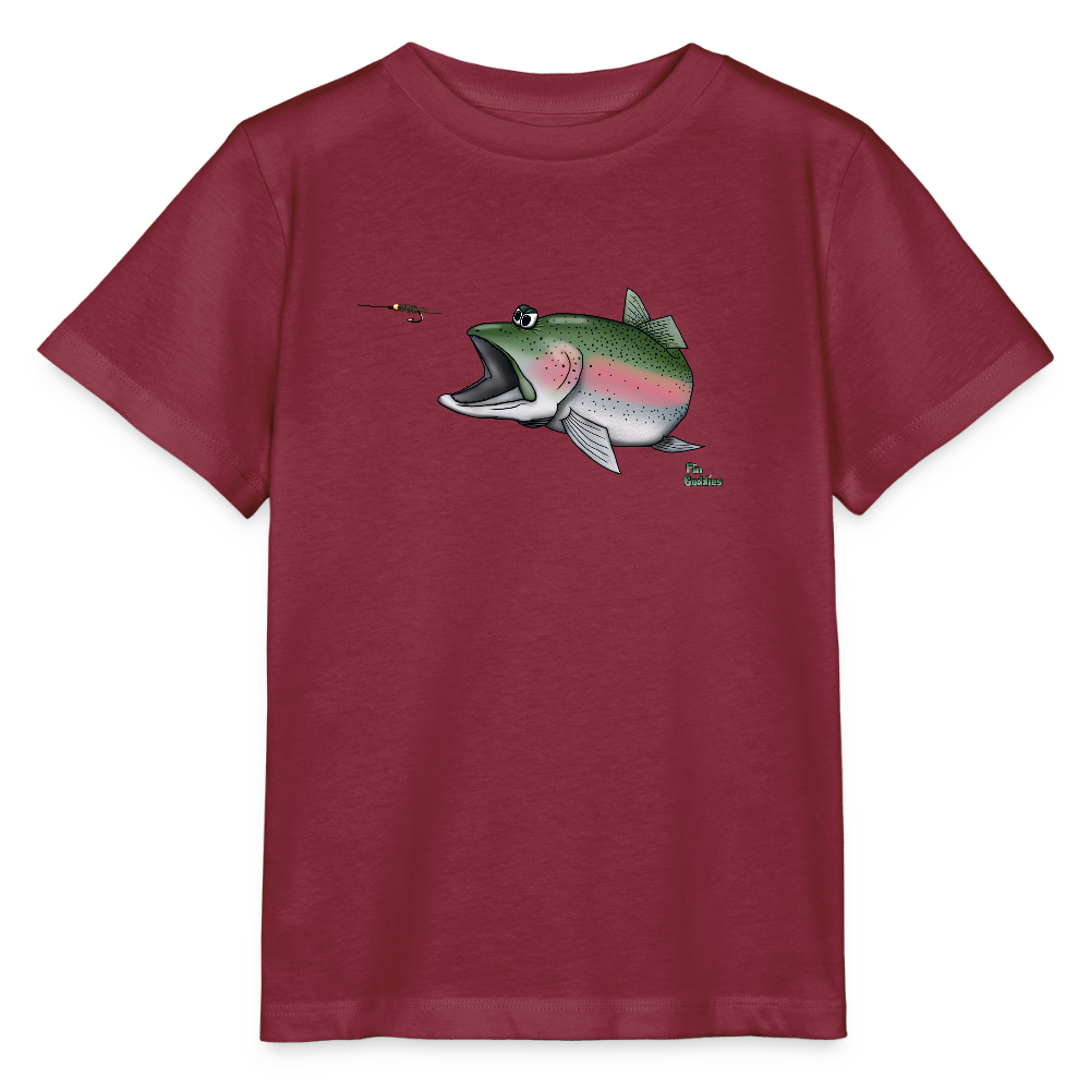 Regenbogenforelle auf Nymphenjagd - Kinder Bio-T-Shirt - Burgunderrot