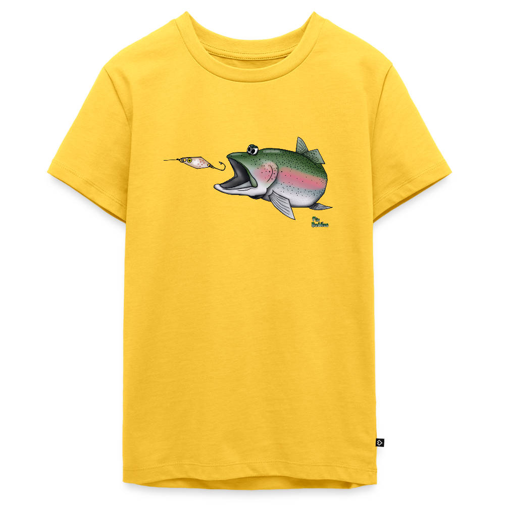 Regenbogenforelle mit Spoon  - Teenager Premium Bio T-Shirt - Gelb