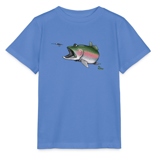 Regenbogenforelle auf Nymphenjagd - Kinder Bio-T-Shirt - Blau